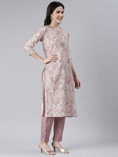 Neerus Women  Wine Printed Calf Length Kurta And Trousers With Dupatta
