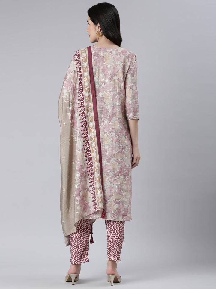 Neerus Women Wine Printed Calf Length Kurta And Trousers With Dupatta