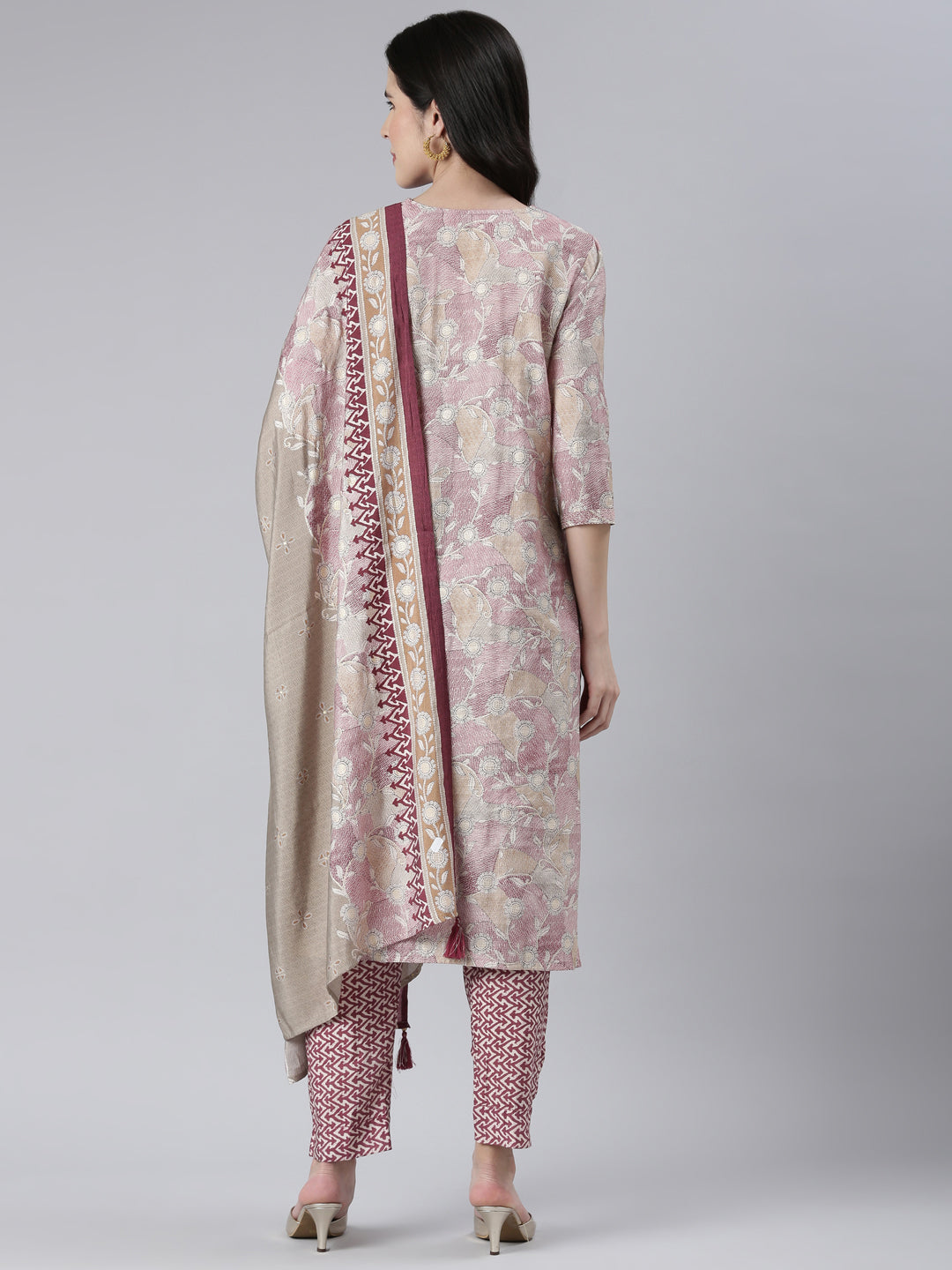 Neerus Women  Wine Printed Calf Length Kurta And Trousers With Dupatta