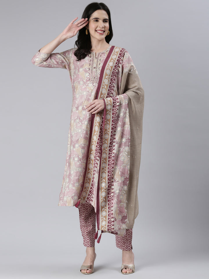 Neerus Women Wine Printed Calf Length Kurta And Trousers With Dupatta
