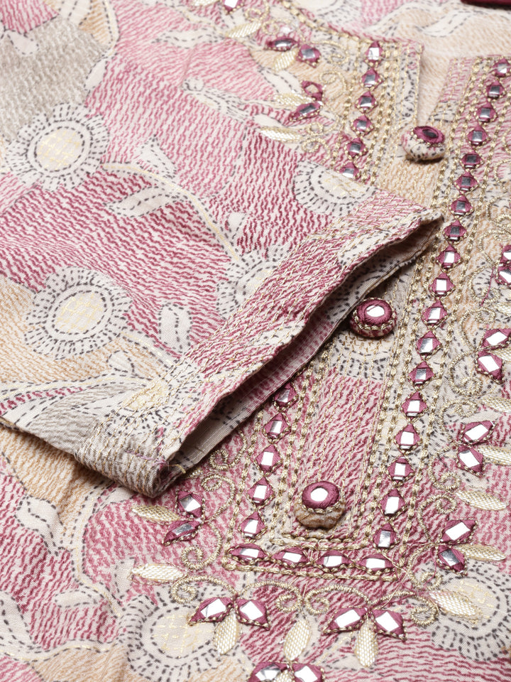 Neerus Women Wine Printed Calf Length Kurta And Trousers With Dupatta