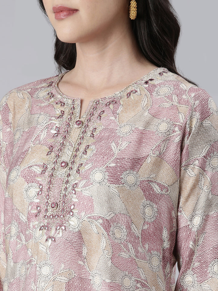 Neerus Women Wine Printed Calf Length Kurta And Trousers With Dupatta