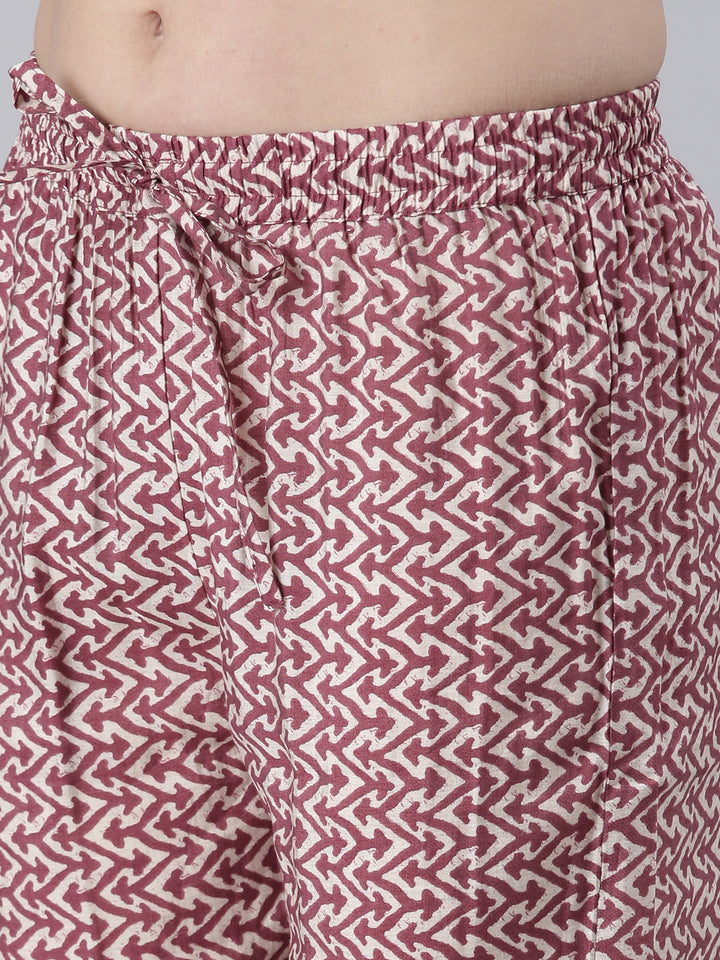 Neerus Women Wine Printed Calf Length Kurta And Trousers With Dupatta