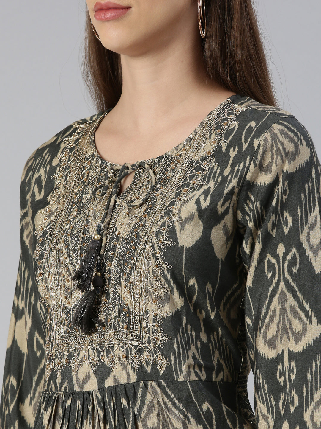 Neerus Women  Olive Yoke Design Calf Length Kurta And Trousers With Dupatta