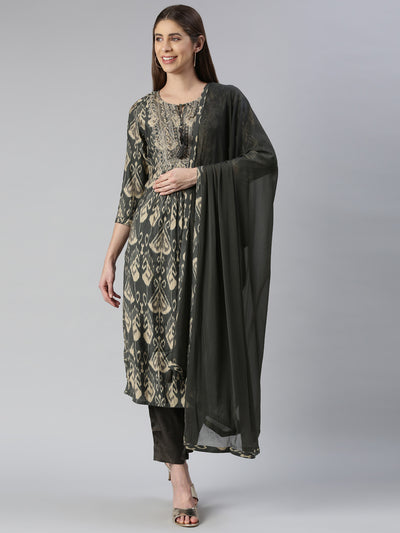 Neerus Women  Olive Yoke Design Calf Length Kurta And Trousers With Dupatta