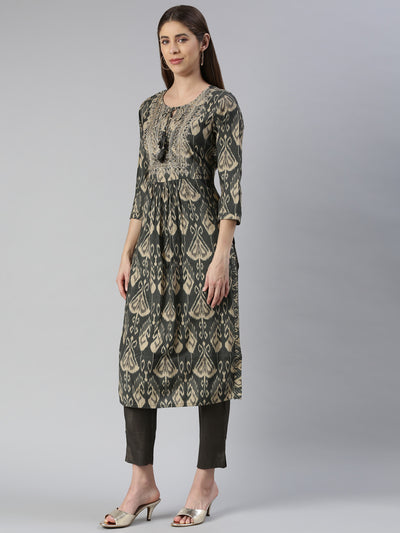 Neerus Women  Olive Yoke Design Calf Length Kurta And Trousers With Dupatta