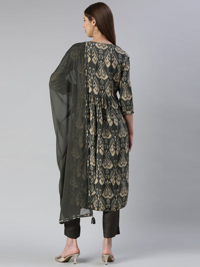 Neerus Women  Olive Yoke Design Calf Length Kurta And Trousers With Dupatta