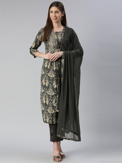 Neerus Women  Olive Yoke Design Calf Length Kurta And Trousers With Dupatta