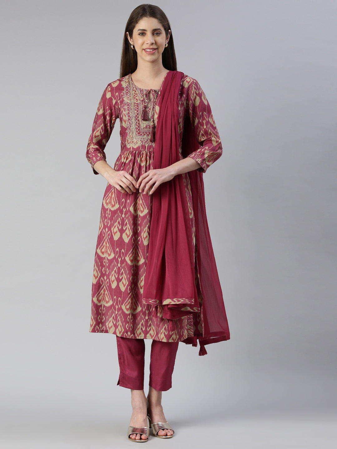 Neerus Pink Embroidered Kurta Set with Trouser and Dupatta - front view