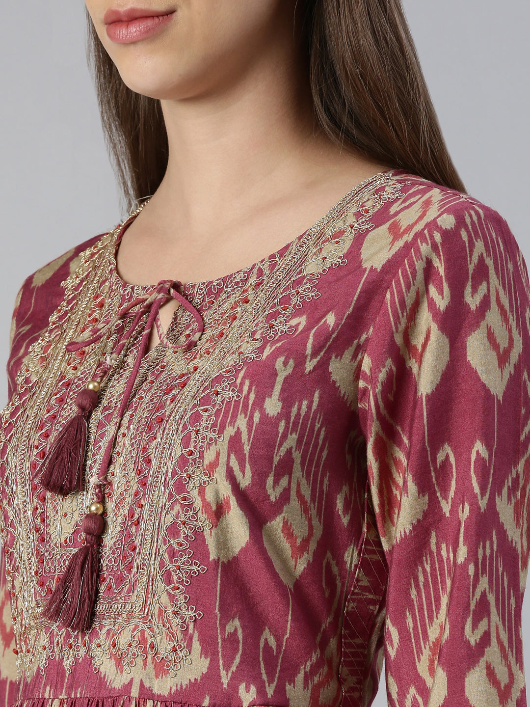 Neerus Pink Embroidered Kurta Set with Trouser and Dupatta - detail view 1