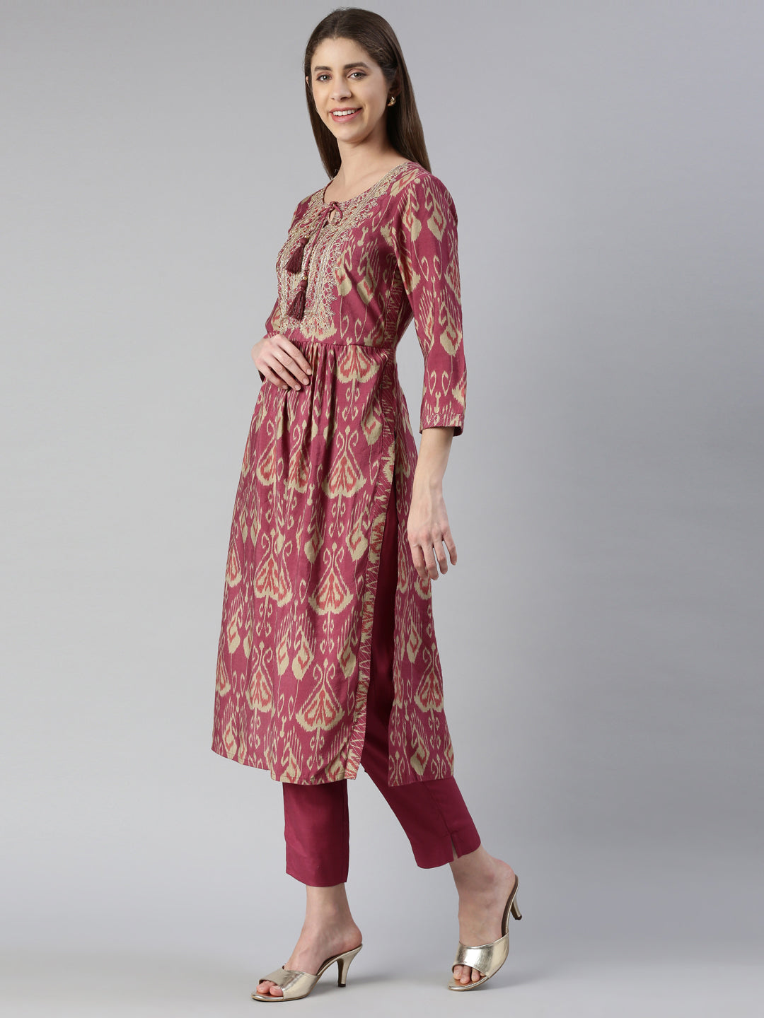 Neerus Pink Embroidered Kurta Set with Trouser and Dupatta - back view