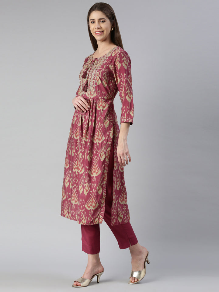 Neerus Pink Embroidered Kurta Set with Trouser and Dupatta - back view