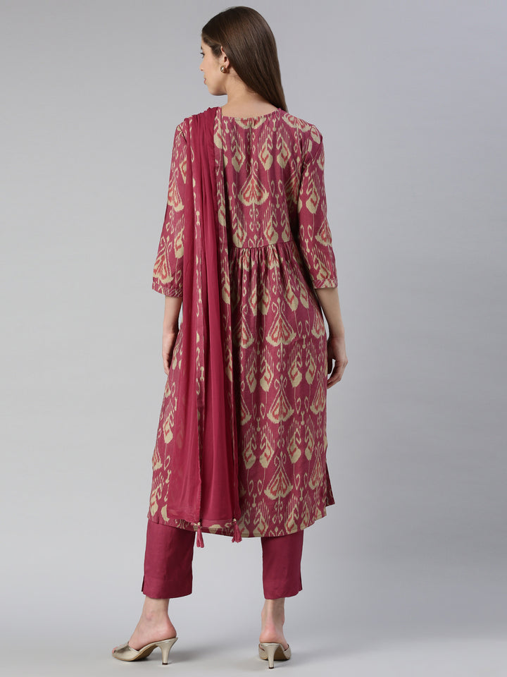 Neerus Pink Embroidered Kurta Set with Trouser and Dupatta - side view