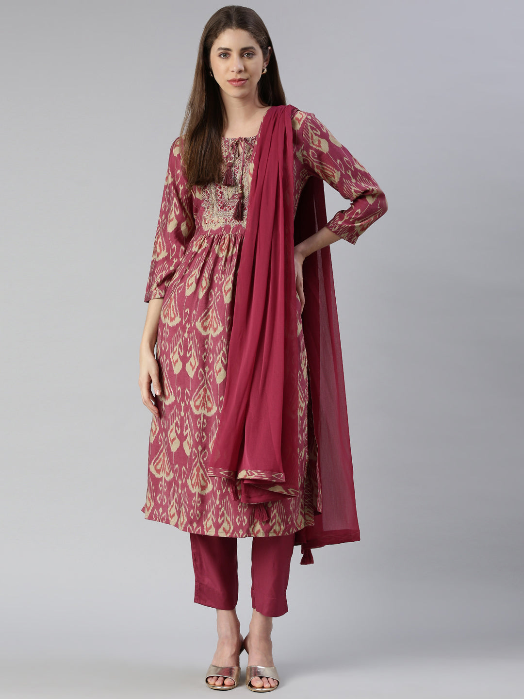 Neerus Pink Embroidered Kurta Set with Trouser and Dupatta - detail view 2