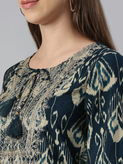 Neerus Women  Peacock Yoke Design Calf Length Kurta And Trousers With Dupatta