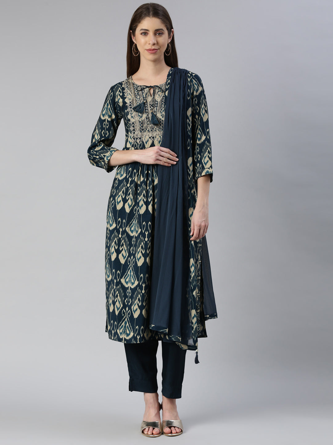 Neerus Women  Peacock Yoke Design Calf Length Kurta And Trousers With Dupatta