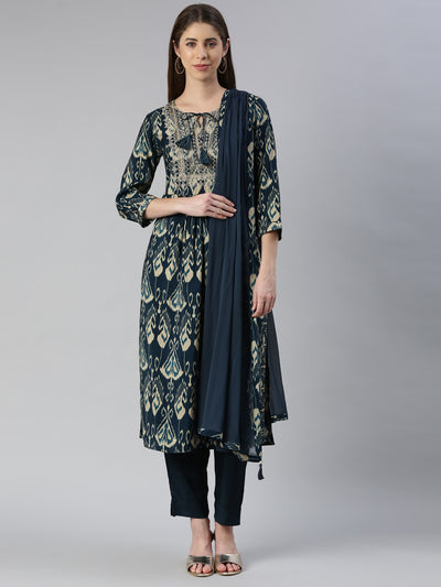 Neerus Women  Peacock Yoke Design Calf Length Kurta And Trousers With Dupatta