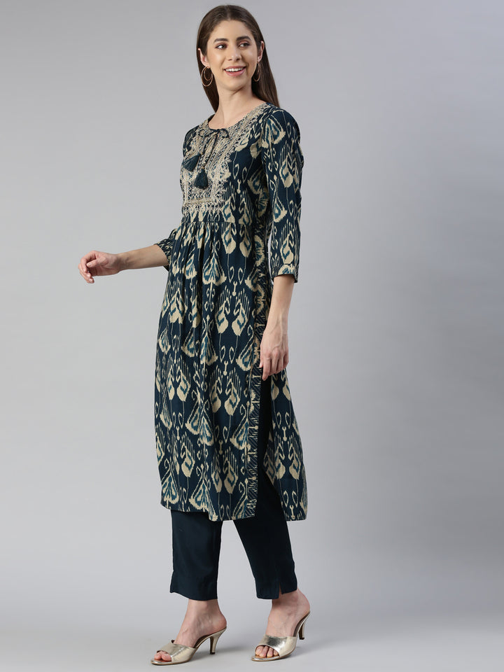 Neerus Blue embroidered kurta set with peacock yoke design - back view