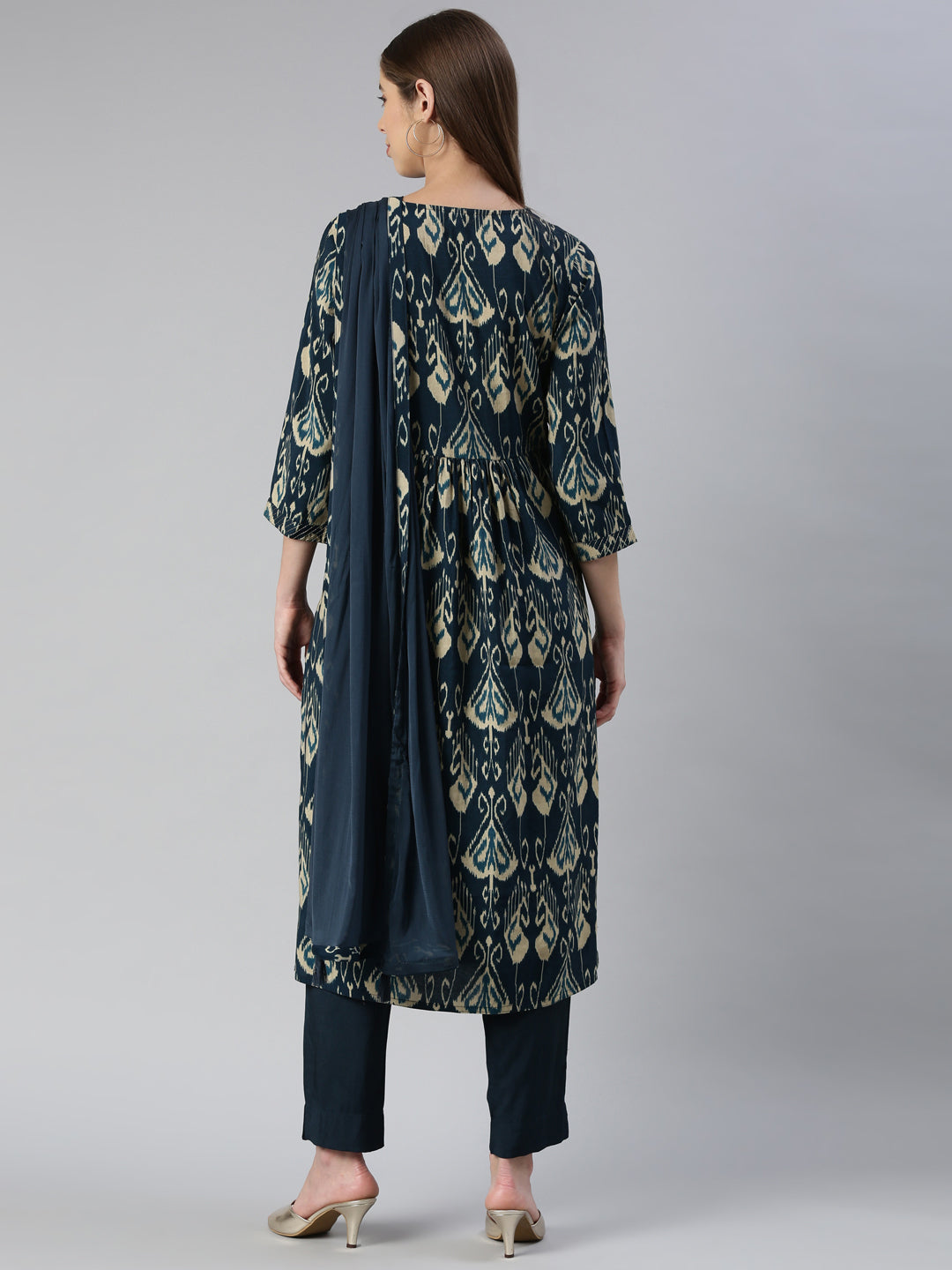 Neerus Blue embroidered kurta set with peacock yoke design - side view