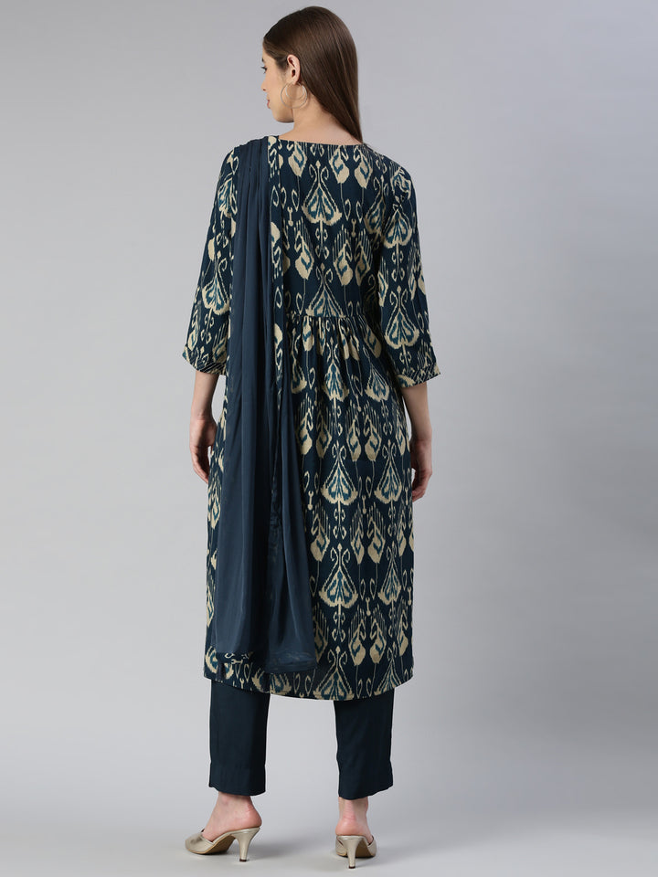 Neerus Blue embroidered kurta set with peacock yoke design - side view
