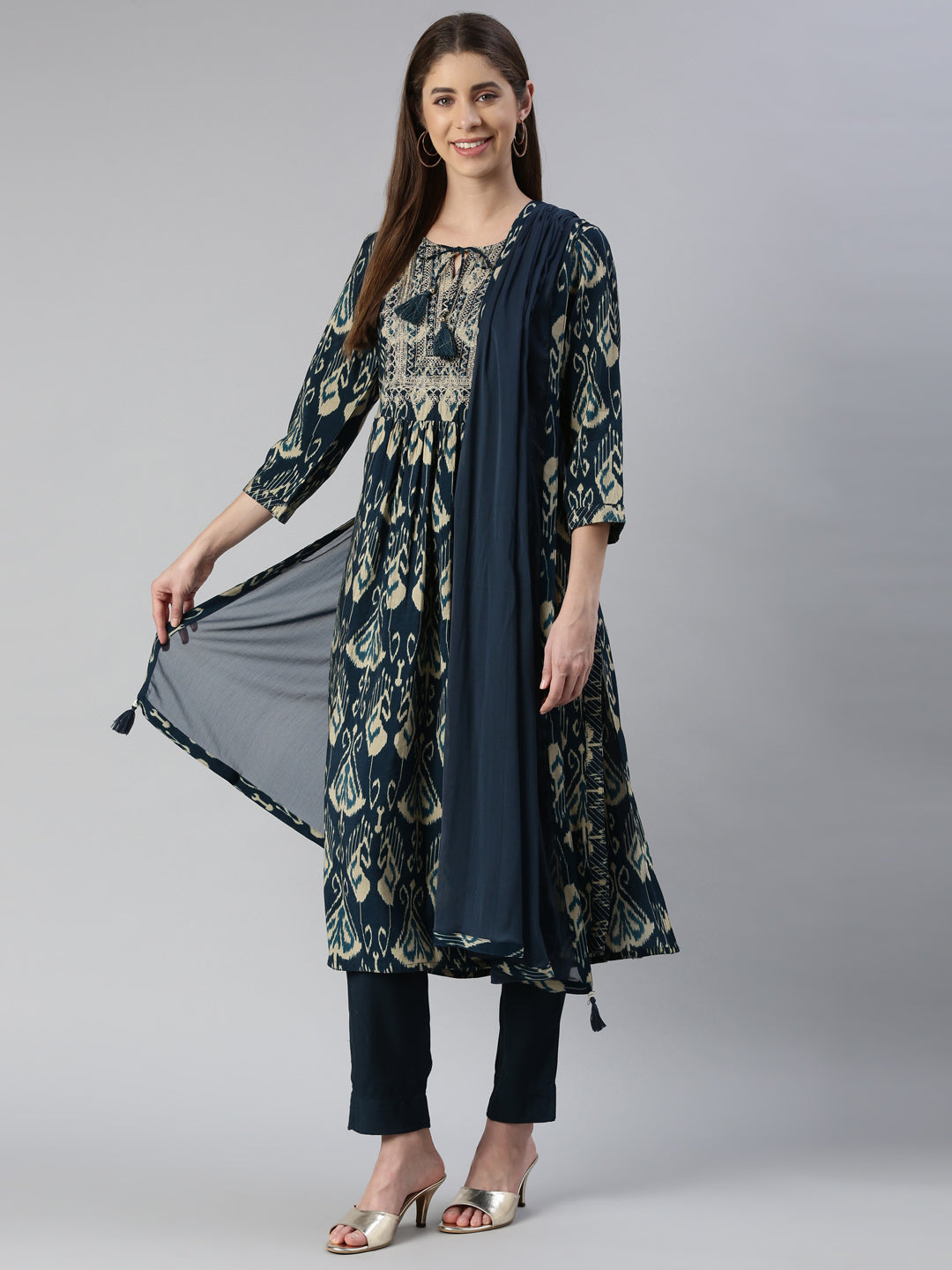 Neerus Blue embroidered kurta set with peacock yoke design - detail view 2
