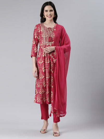 Neerus Women  Rani Pink Yoke Design Calf Length Kurta And Trousers With Dupatta