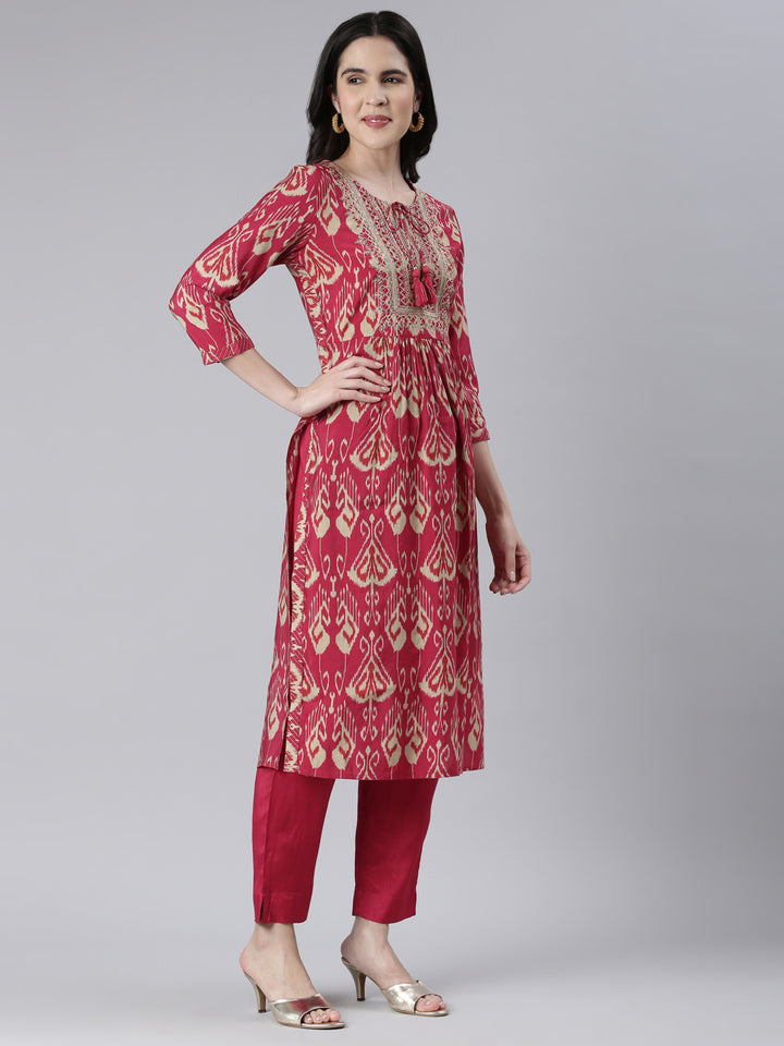 Neerus Women Rani Pink Yoke Design Calf Length Kurta And Trousers With Dupatta