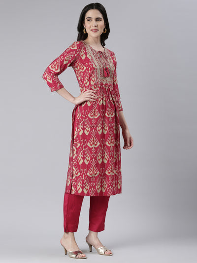 Neerus Women  Rani Pink Yoke Design Calf Length Kurta And Trousers With Dupatta