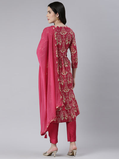 Neerus Women  Rani Pink Yoke Design Calf Length Kurta And Trousers With Dupatta