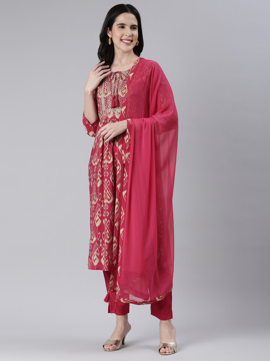 Neerus Women Rani Pink Yoke Design Calf Length Kurta And Trousers With Dupatta