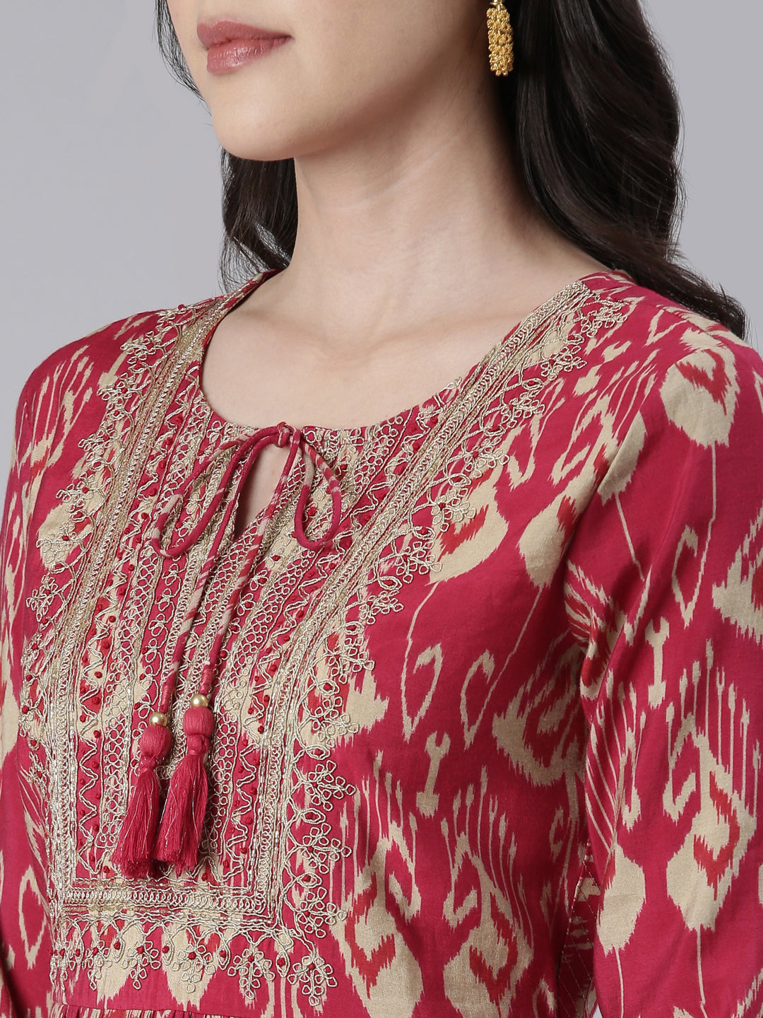 Neerus Women Rani Pink Yoke Design Calf Length Kurta And Trousers With Dupatta