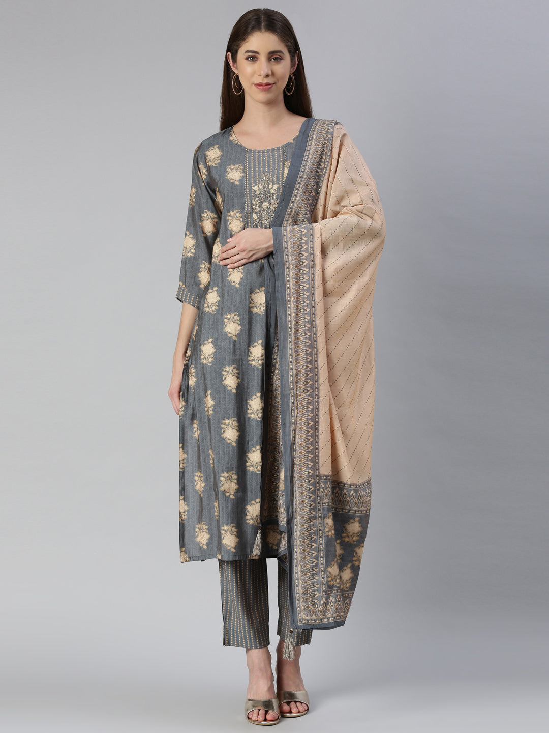 Neerus Women Grey Solid Calf Length Kurta And Trousers With Dupatta
