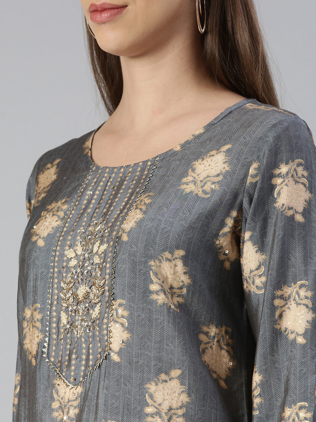 Neerus Women Grey Solid Calf Length Kurta And Trousers With Dupatta