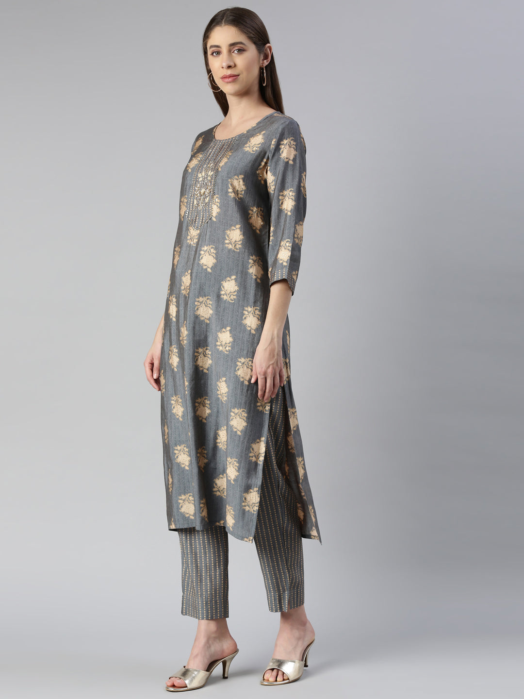 Neerus Women Grey Solid Calf Length Kurta And Trousers With Dupatta