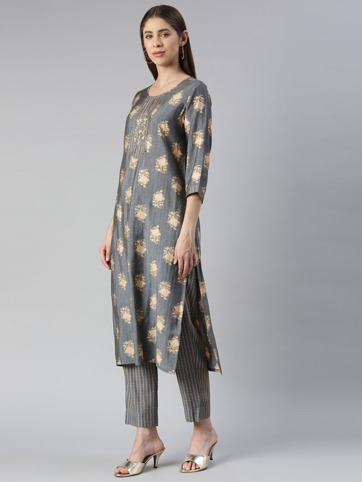 Neerus Women Grey Solid Calf Length Kurta And Trousers With Dupatta