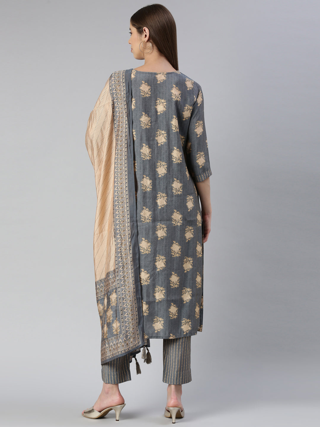 Neerus Women Grey Solid Calf Length Kurta And Trousers With Dupatta