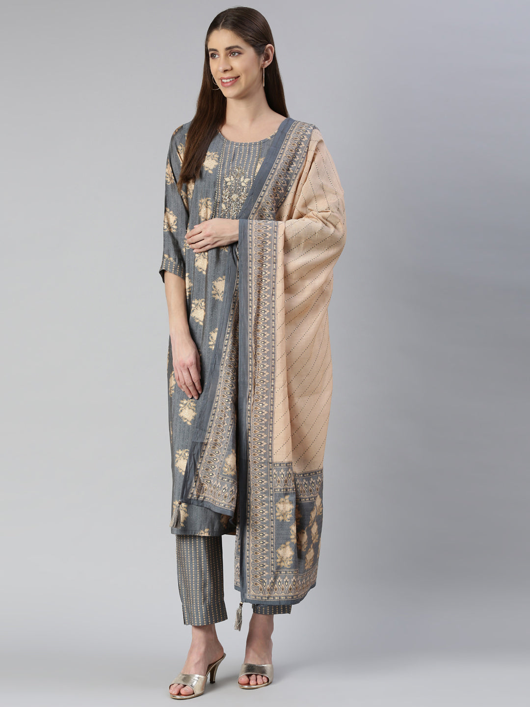 Neerus Women Grey Solid Calf Length Kurta And Trousers With Dupatta
