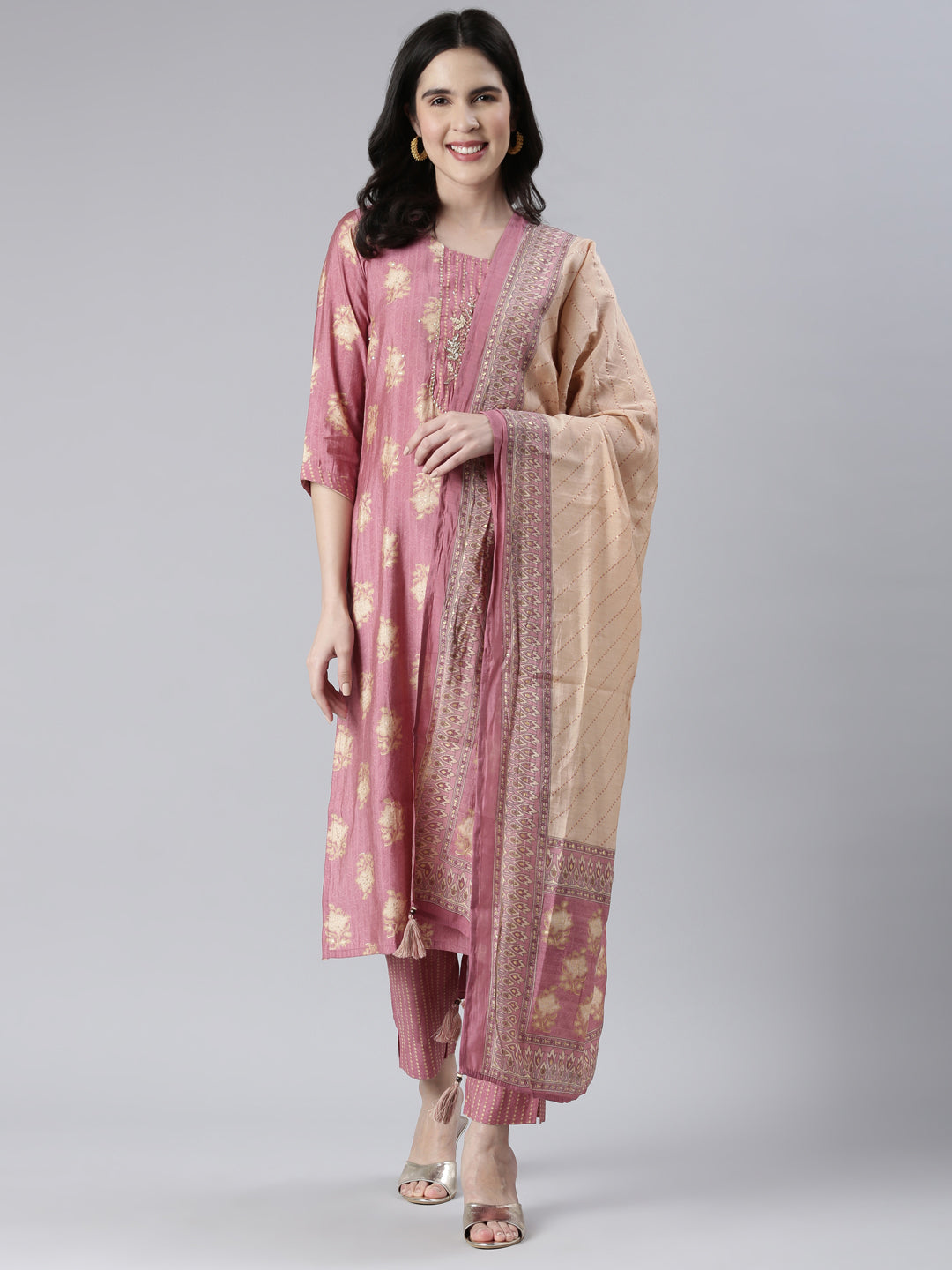 Neerus Pink solid straight kurta set with trouser and dupatta - front view