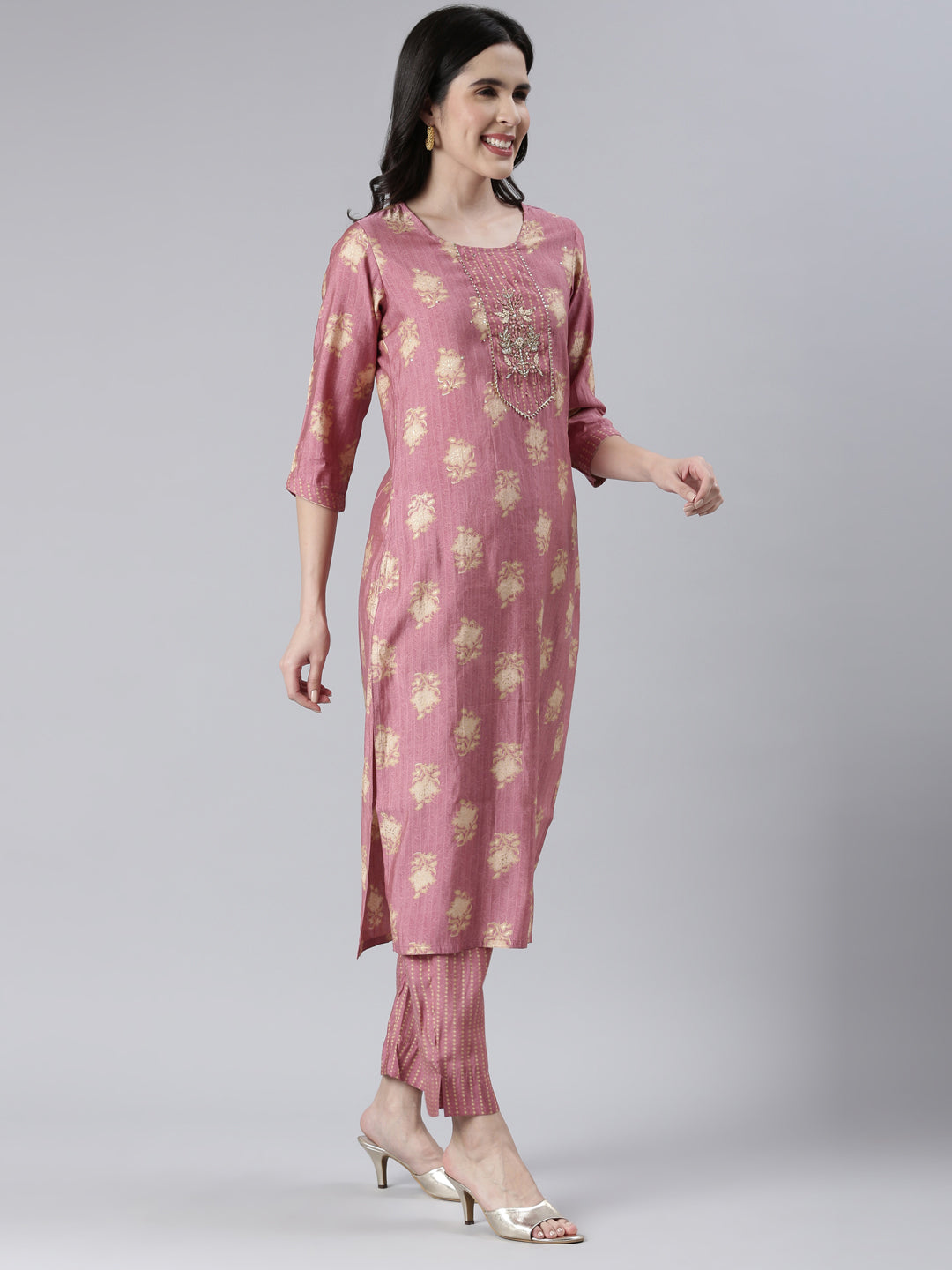 Neerus Pink solid straight kurta set with trouser and dupatta - back view