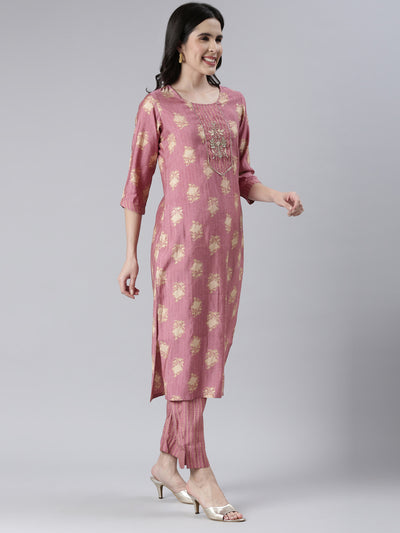 Neerus Women  Onion Solid Calf Length Kurta And Trousers With Dupatta