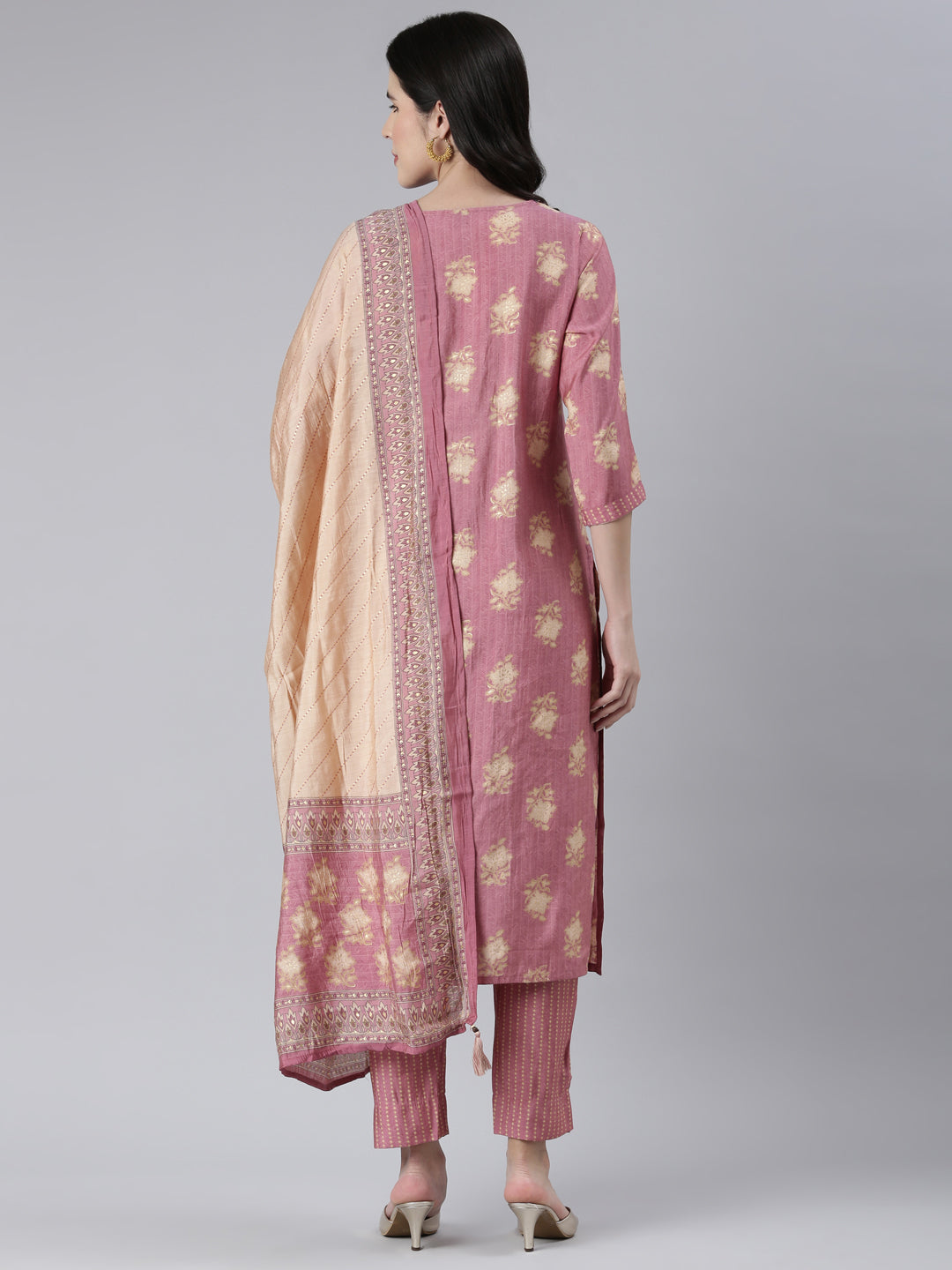 Neerus Pink solid straight kurta set with trouser and dupatta - side view