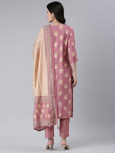 Neerus Women  Onion Solid Calf Length Kurta And Trousers With Dupatta