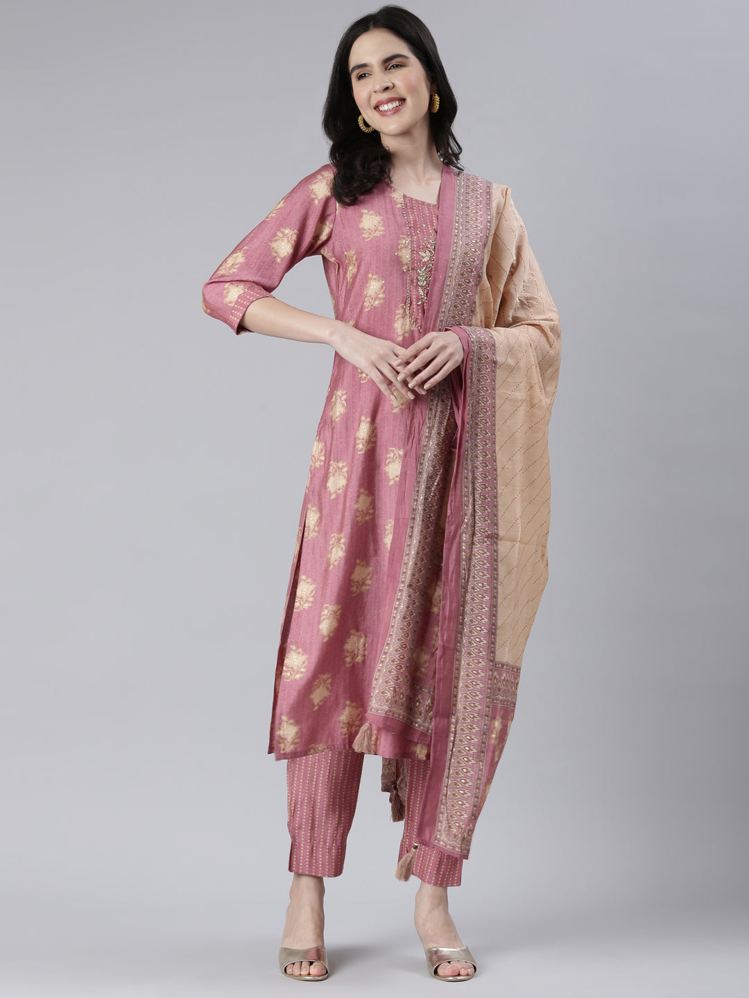 Neerus Women  Onion Solid Calf Length Kurta And Trousers With Dupatta