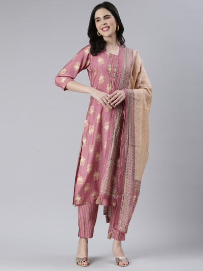 Neerus Women  Onion Solid Calf Length Kurta And Trousers With Dupatta