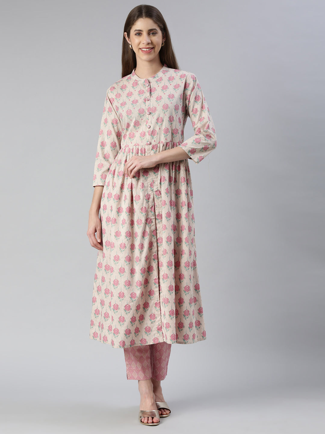 Neerus Pink printed straight kurta set with trousers - front view