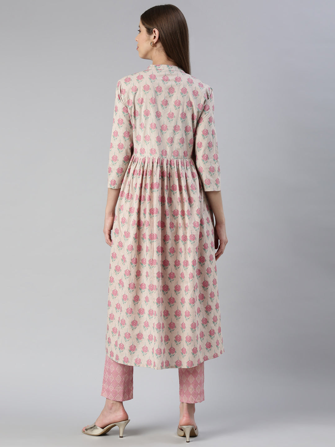 Neerus Pink printed straight kurta set with trousers - side view