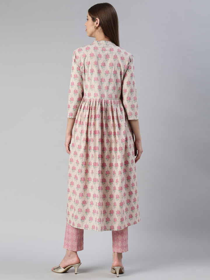 Neerus Pink printed straight kurta set with trousers - side view