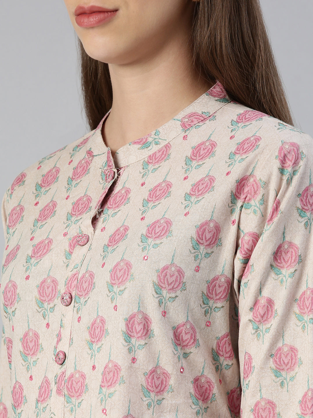 Neerus Pink printed straight kurta set with trousers - detail view 1