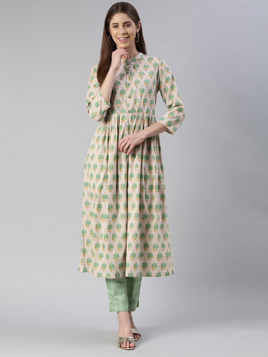 Neerus Green cotton printed kurta set with trousers - front view