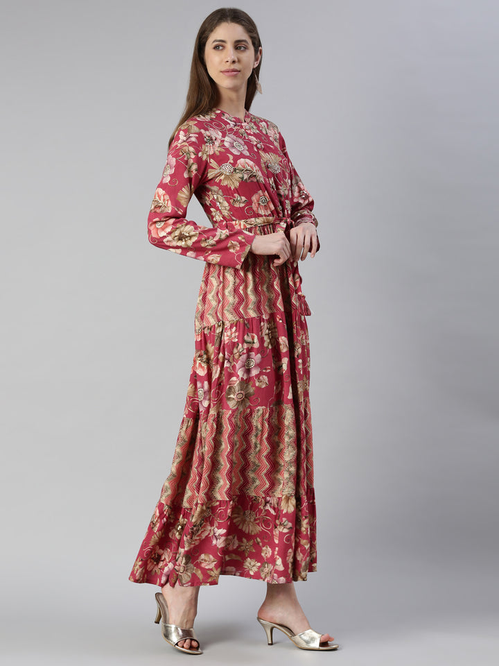 Neerus Pink printed maxi dress - back view